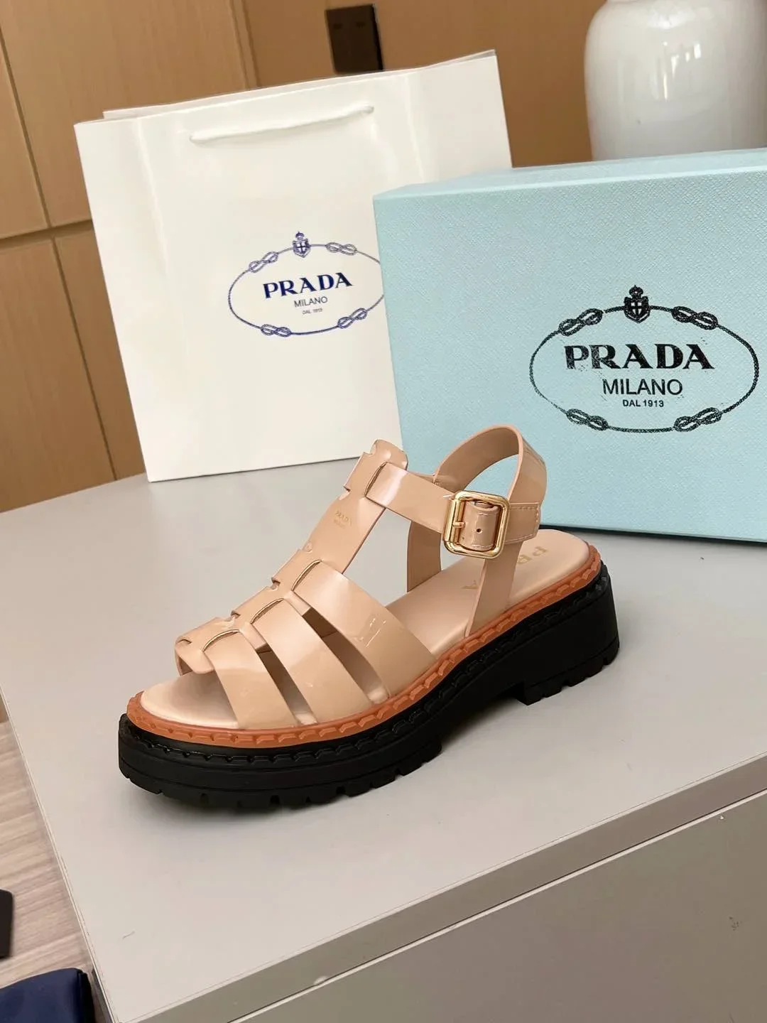 PRADA Sandals & Mules Patent Leather (Beige-Black-Brown) EU35-41 A90202607050556 - Image 2