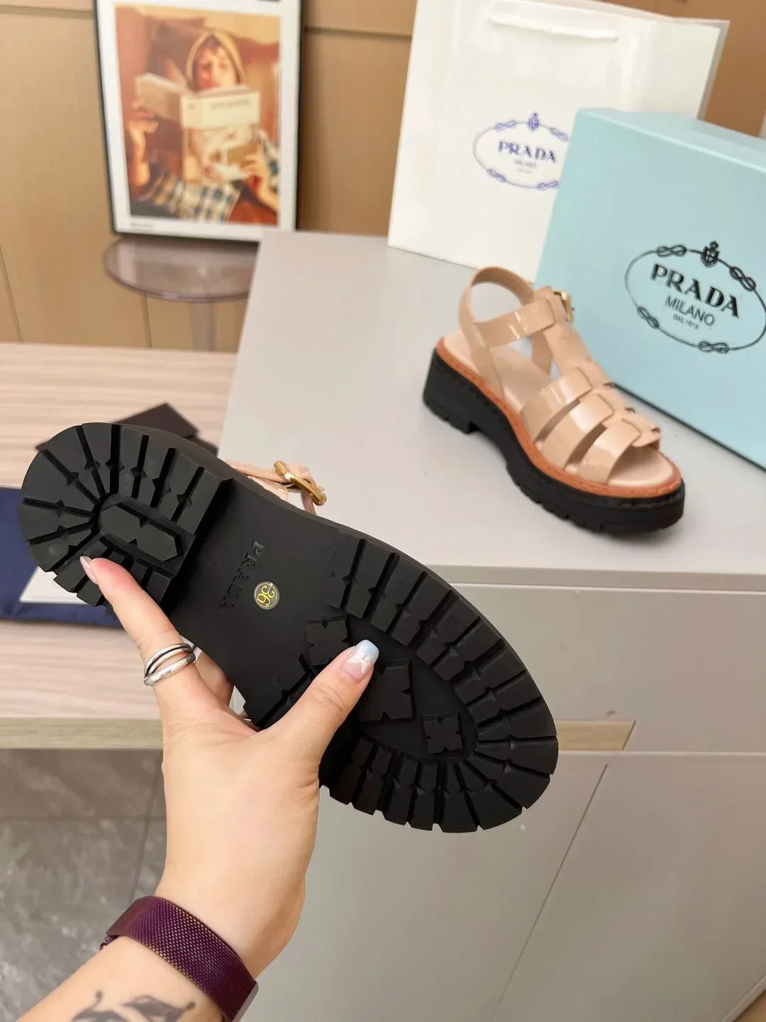 PRADA Sandals & Mules Patent Leather (Beige-Black-Brown) EU35-41 A90202607050556 - Image 4