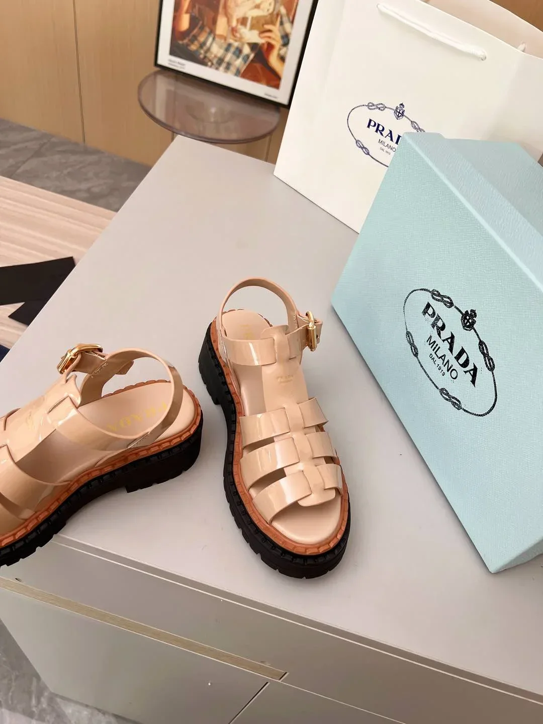 PRADA Sandals & Mules Patent Leather (Beige-Black-Brown) EU35-41 A90202607050556 - Image 5