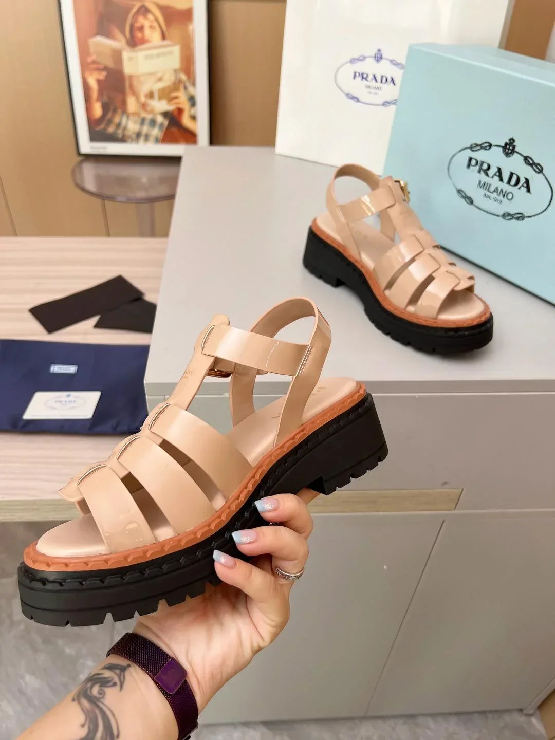 PRADA Sandals & Mules Patent Leather (Beige-Black-Brown) EU35-41 A90202607050556 - Image 6