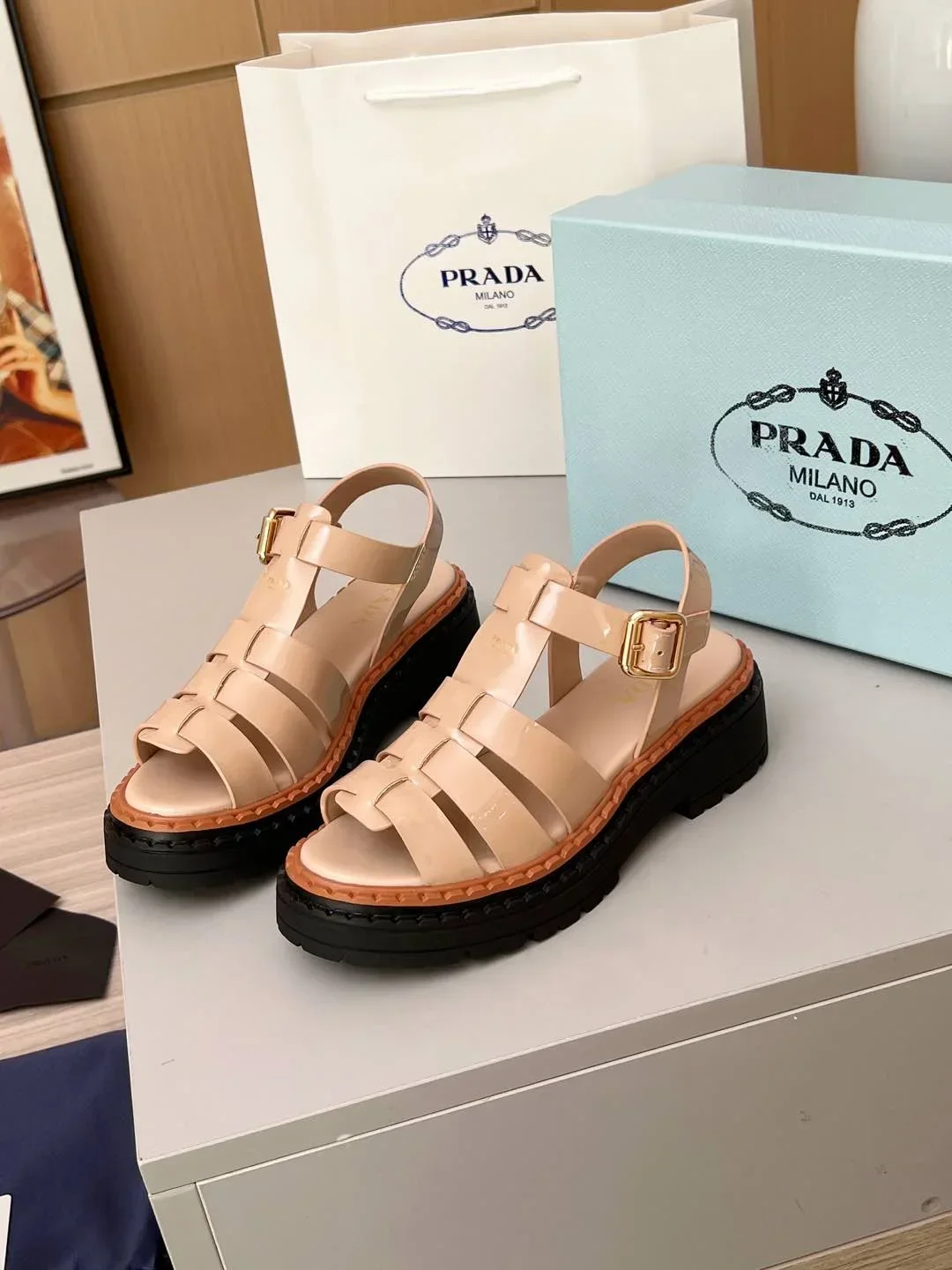 PRADA Sandals & Mules Patent Leather (Beige-Black-Brown) EU35-41 A90202607050556 - Image 7