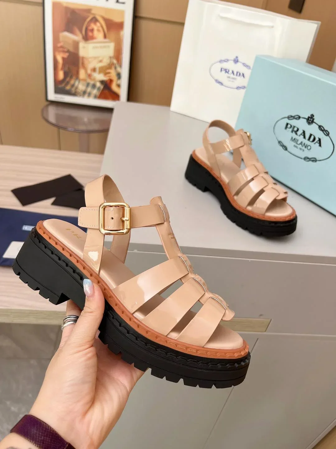 PRADA Sandals & Mules Patent Leather (Beige-Black-Brown) EU35-41 A90202607050556 - Image 8