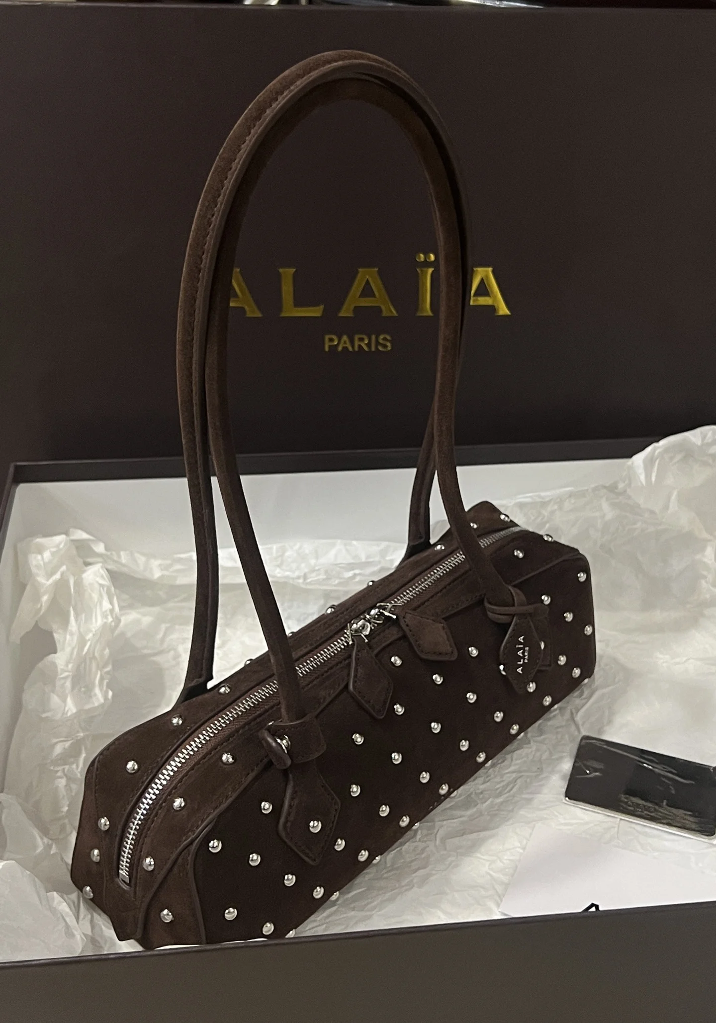 ALAIA Shoulder Bags Suede (Brown-Silver) 33X10X11CM H00202608100404 - Image 6