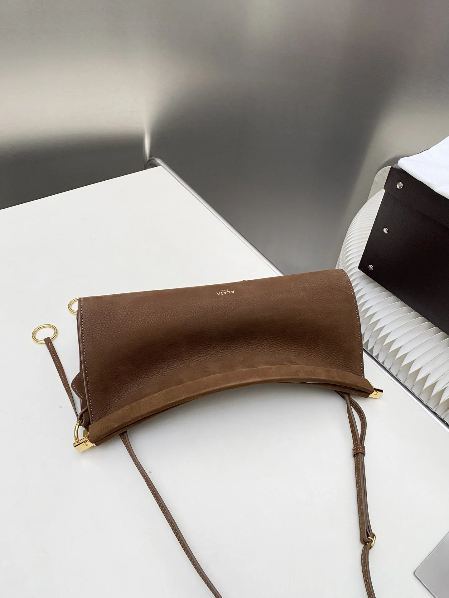ALAIA Shoulder Bags Suede Leather (Brown-Gold) 30X14X9 CM G00202608100396 - Image 4