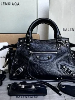 BALENCIAGA Bucket Bags Waxed Leather (Black-Silver) 26x13x18cm F50202608100019