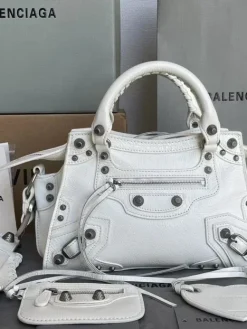 BALENCIAGA Shoulder Bags Waxed Leather (White-Silver) 26X13X18CM F50202608100321