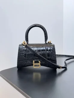 BALENCIAGA Top Handle Bags Crocodile Embossed Leather (Black-Gold) 19X13X8CM E00202608100132