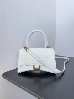 BALENCIAGA Top Handle Bags Crocodile Embossed Leather (White-Gold) 19X13X8CM D50202608100353