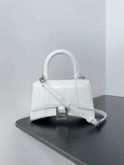 BALENCIAGA Top Handle Bags Crocodile Embossed Leather (White-Silver) 19X13X8CM D50202608100354