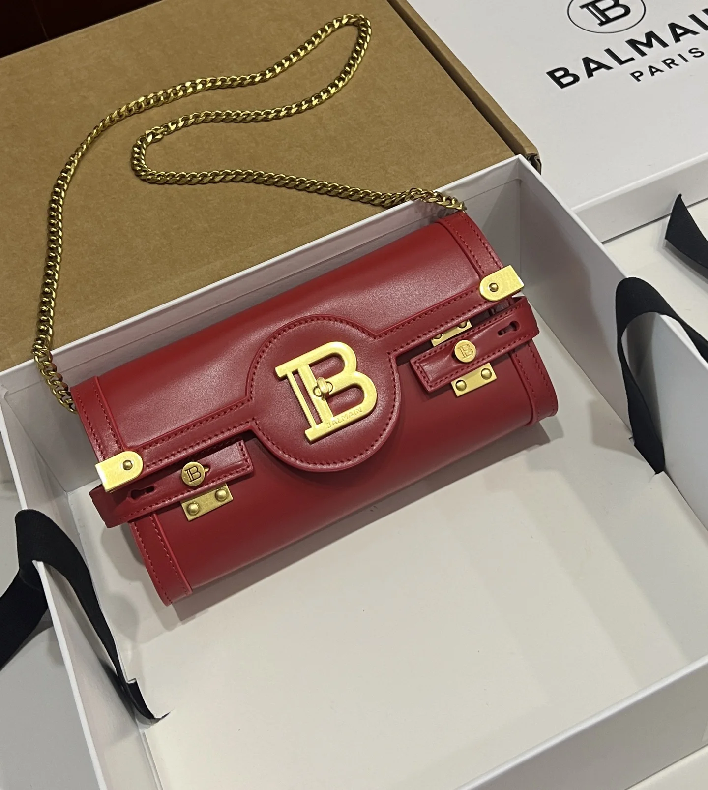 BALMAIN Shoulder Bags Calf Leather (Red-Gold) 23X12X6CM F80202608100282
