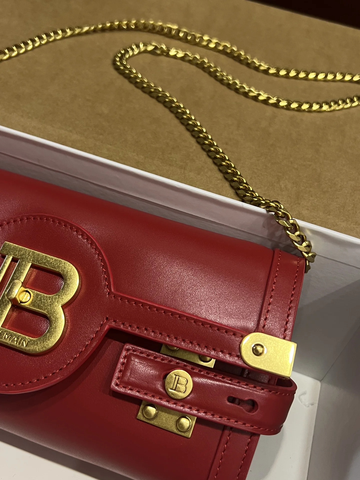 BALMAIN Shoulder Bags Calf Leather (Red-Gold) 23X12X6CM F80202608100282 - Image 4