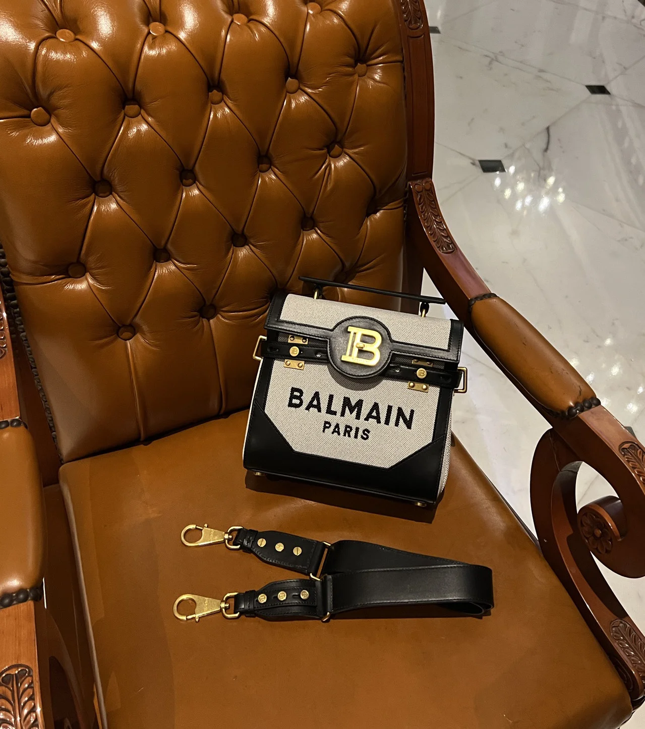 BALMAIN Shoulder Bags Canvas Leather (Black-Gold-White) 23X20X11CM H50202608100287