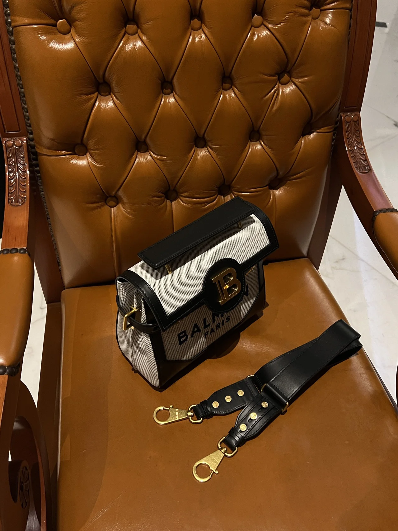 BALMAIN Shoulder Bags Canvas Leather (Black-Gold-White) 23X20X11CM H50202608100287 - Image 2