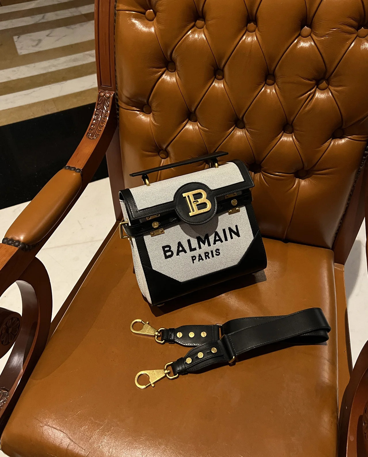 BALMAIN Shoulder Bags Canvas Leather (Black-Gold-White) 23X20X11CM H50202608100287 - Image 3
