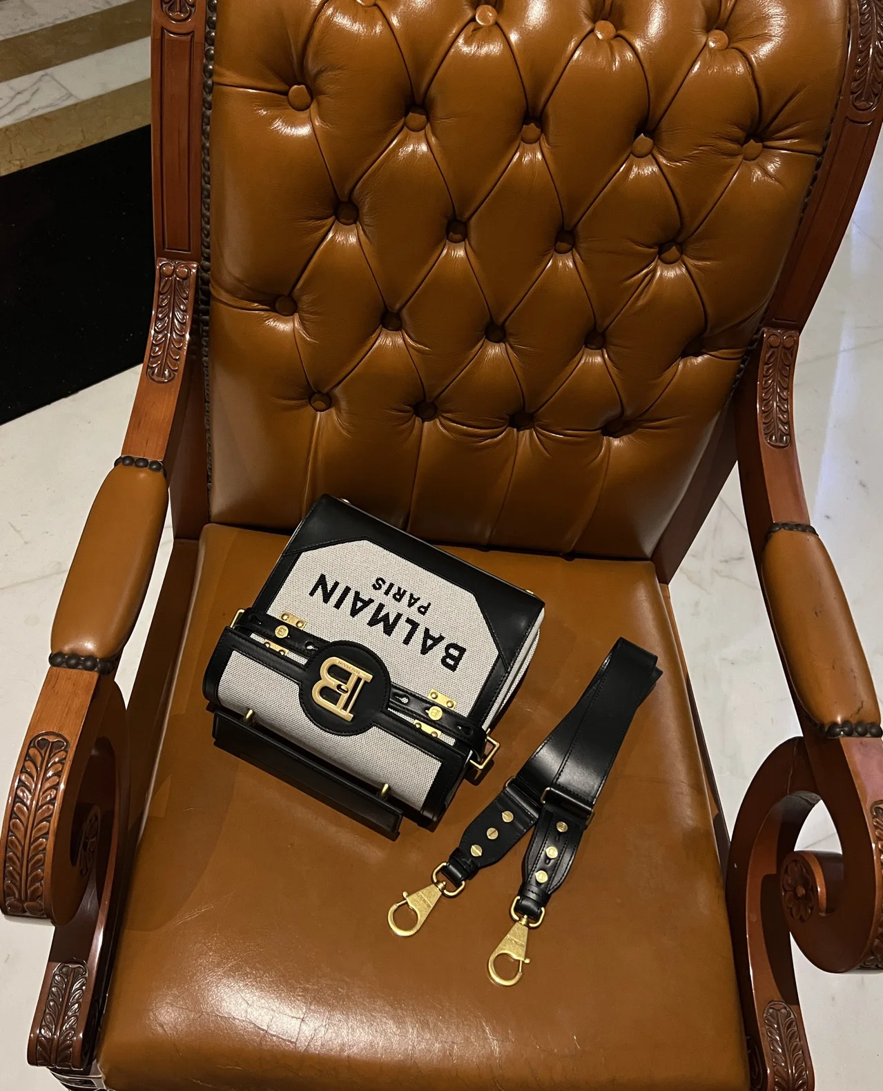 BALMAIN Shoulder Bags Canvas Leather (Black-Gold-White) 23X20X11CM H50202608100287 - Image 4