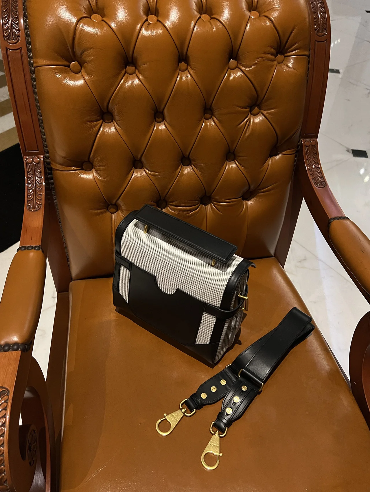 BALMAIN Shoulder Bags Canvas Leather (Black-Gold-White) 23X20X11CM H50202608100287 - Image 5