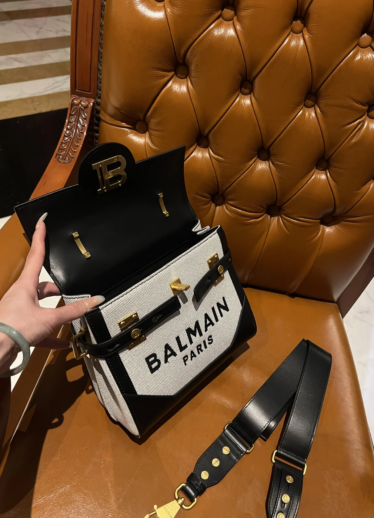 BALMAIN Shoulder Bags Canvas Leather (Black-Gold-White) 23X20X11CM H50202608100287 - Image 9