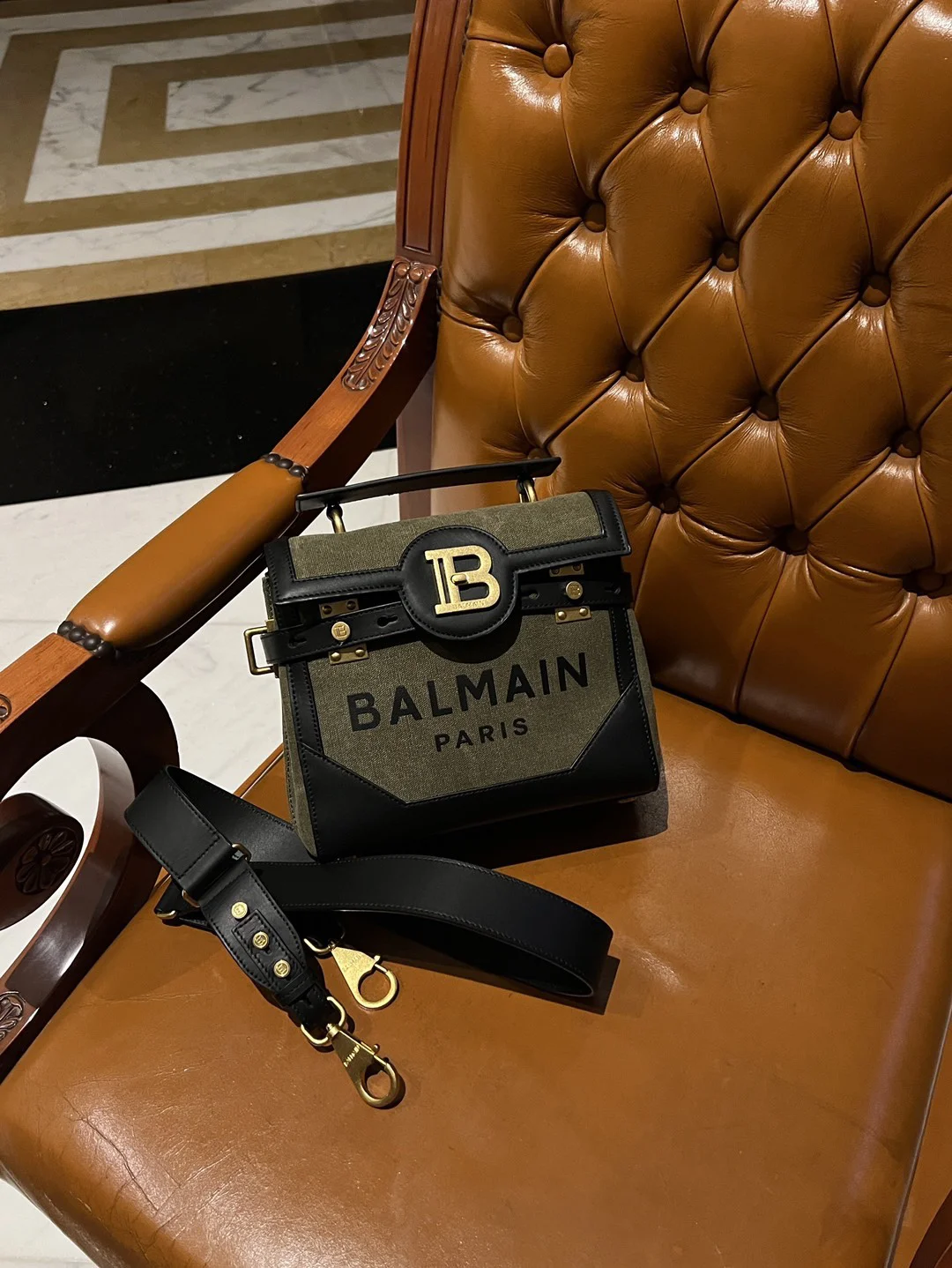 BALMAIN Shoulder Bags Canvas Leather (Green-Black) 23X20X11CM H50202608100286