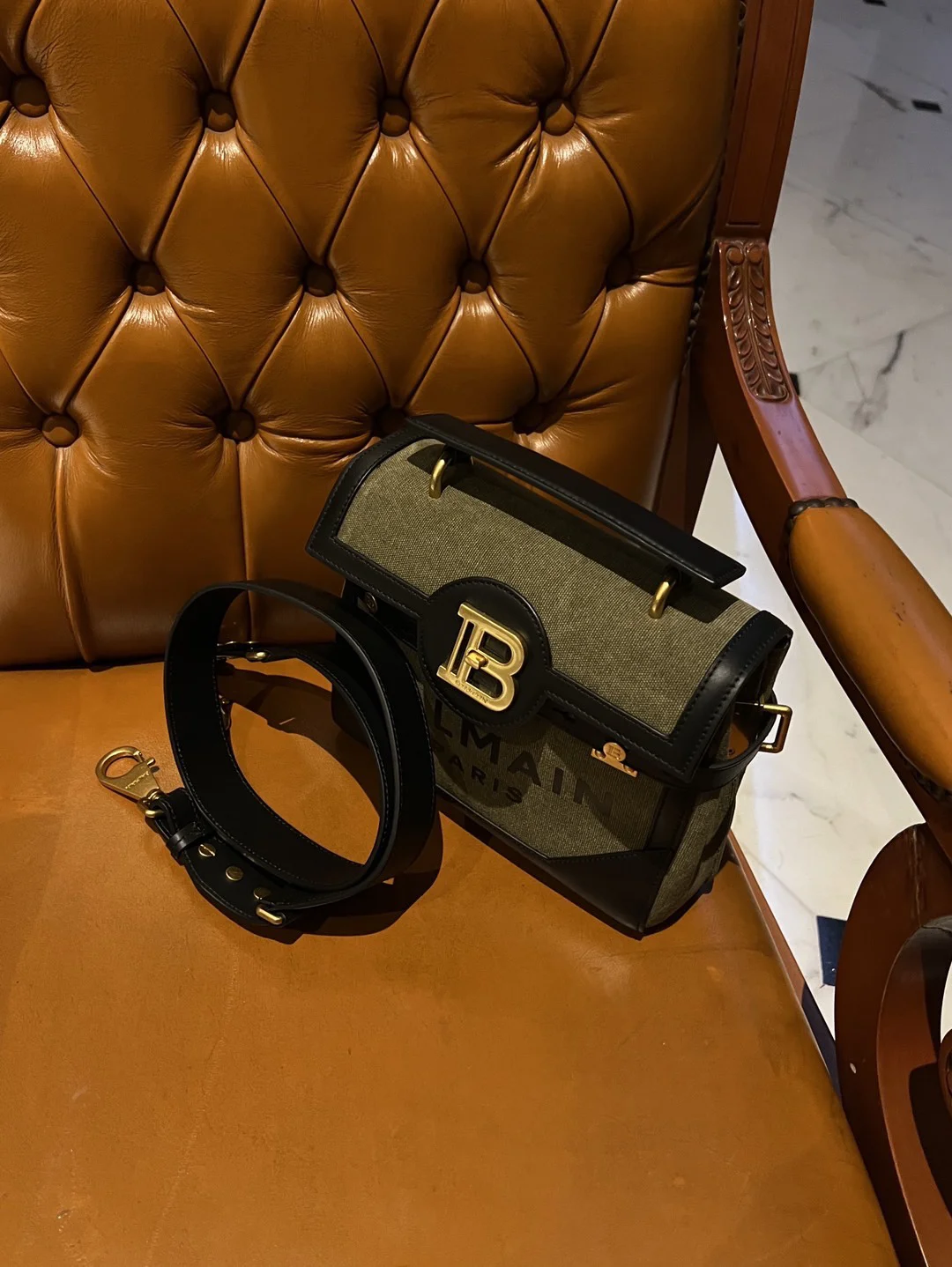 BALMAIN Shoulder Bags Canvas Leather (Green-Black) 23X20X11CM H50202608100286 - Image 3