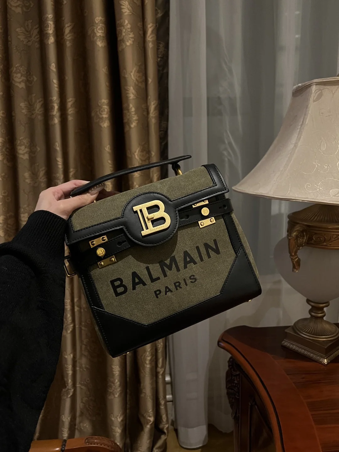 BALMAIN Shoulder Bags Canvas Leather (Green-Black) 23X20X11CM H50202608100286 - Image 5