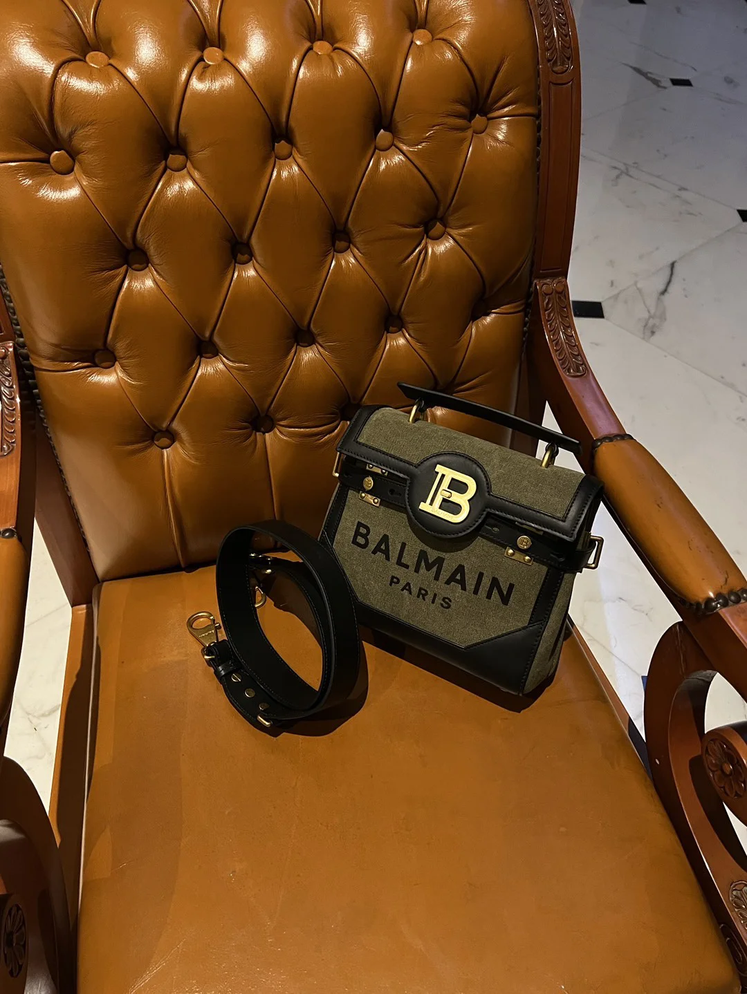 BALMAIN Shoulder Bags Canvas Leather (Green-Black) 23X20X11CM H50202608100286 - Image 7