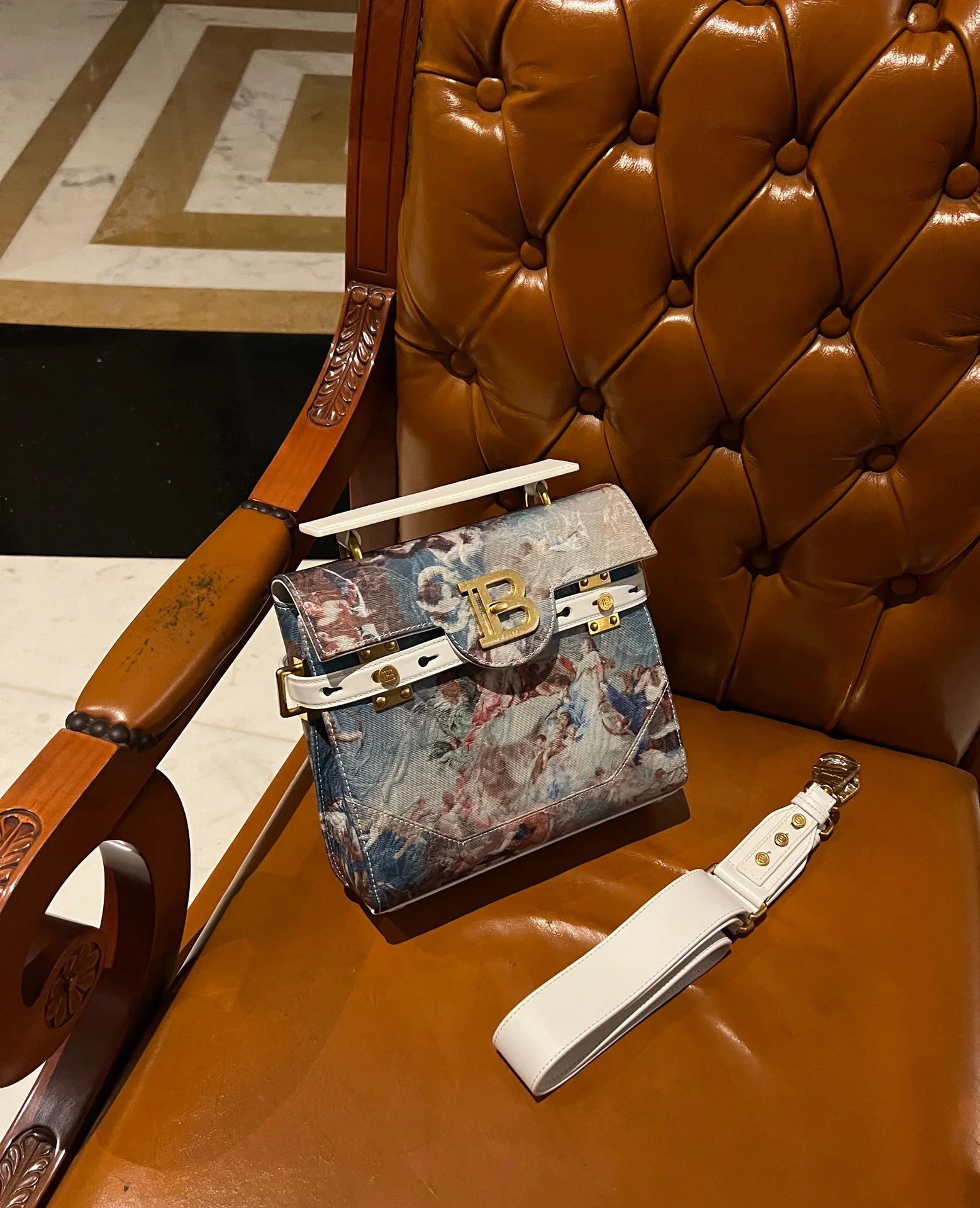 BALMAIN Shoulder Bags Canvas Leather (White-Gold) 23X20X11CM H50202608100283