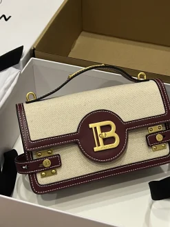 BALMAIN Shoulder Bags Leather Canvas (Beige-Burgundy) 23X14X8CM G30202608100268