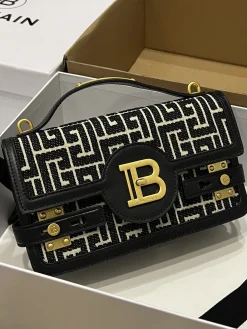 BALMAIN Shoulder Bags Leather Canvas (Black-Gold) 23X14X8CM G30202608100260