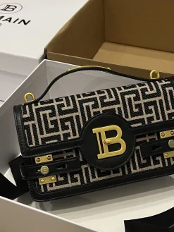 BALMAIN Shoulder Bags Leather Canvas (Black-Gold) 23X14X8CM G30202608100269