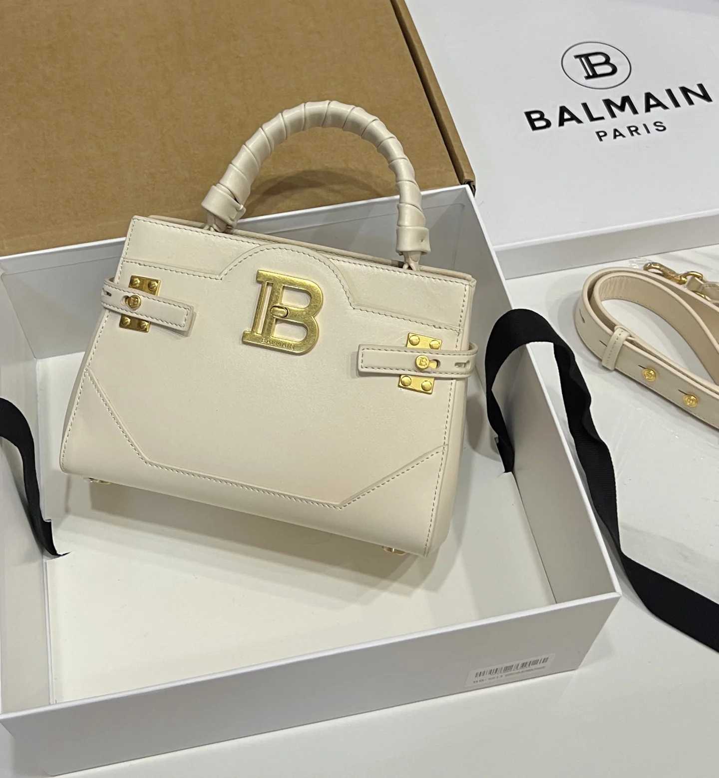 BALMAIN Top Handle Bags Calf Leather (Cream-Gold) 22X17X11CM H60202608100306