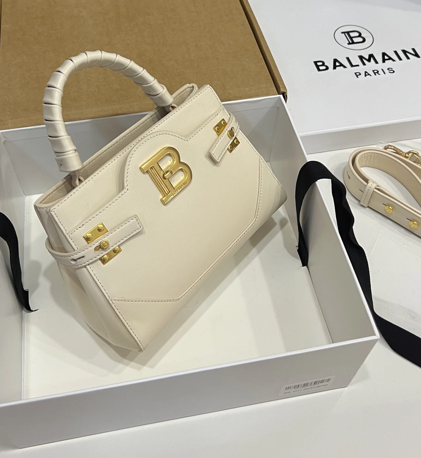 BALMAIN Top Handle Bags Calf Leather (Cream-Gold) 22X17X11CM H60202608100306 - Image 2