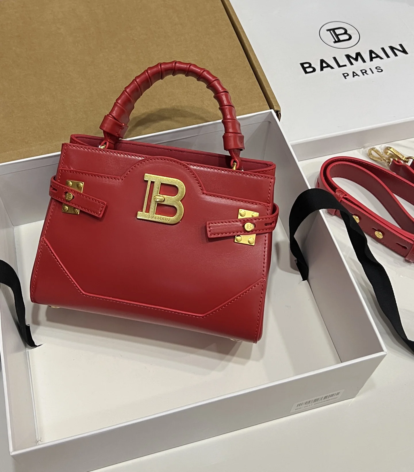 BALMAIN Top Handle Bags Calf Leather (Red-Gold) 22X17X11CM H60202608100305
