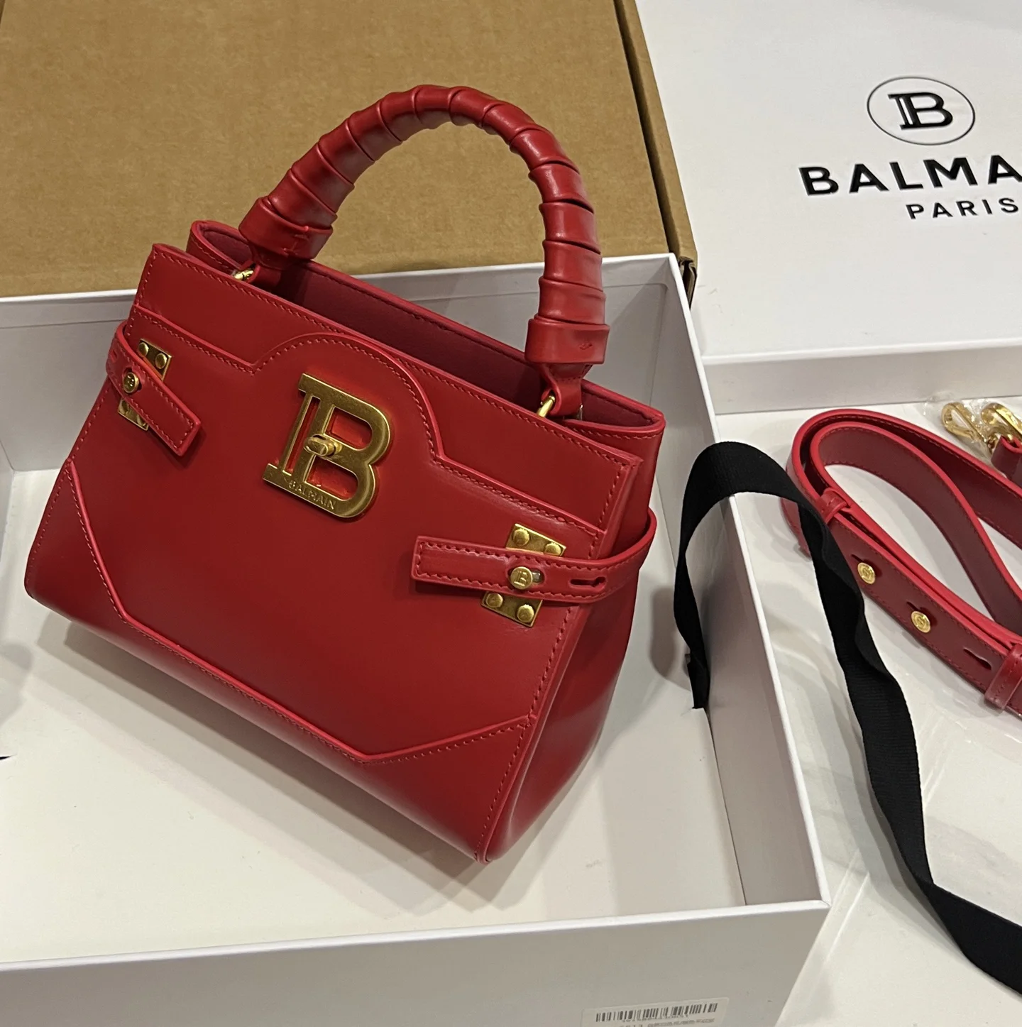 BALMAIN Top Handle Bags Calf Leather (Red-Gold) 22X17X11CM H60202608100305 - Image 3