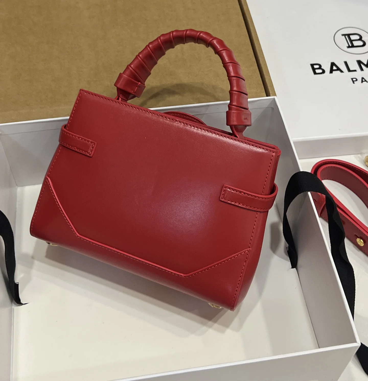 BALMAIN Top Handle Bags Calf Leather (Red-Gold) 22X17X11CM H60202608100305 - Image 7