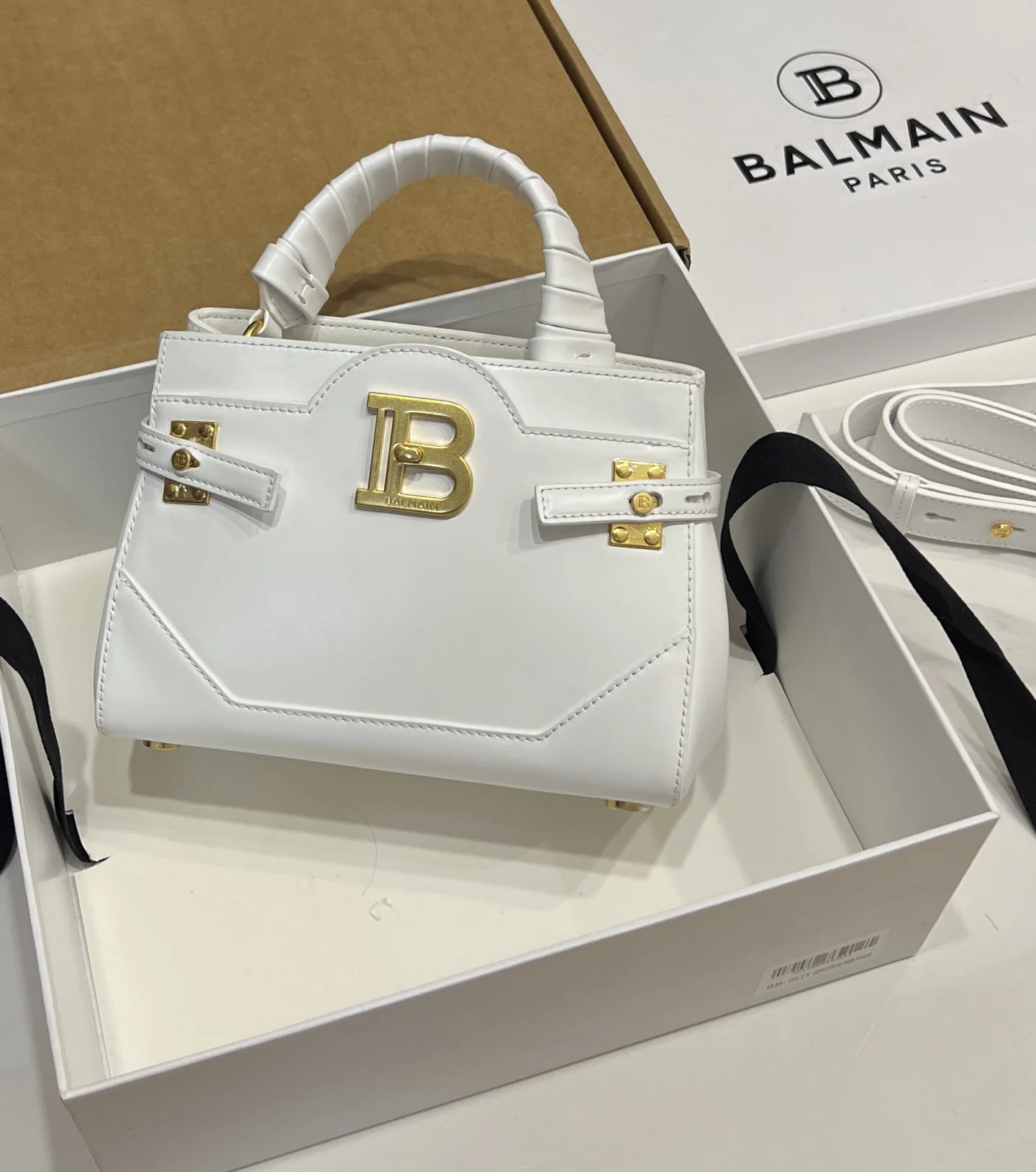 BALMAIN Top Handle Bags Calf Leather (White-Gold) 22X17X11CM H60202608100307