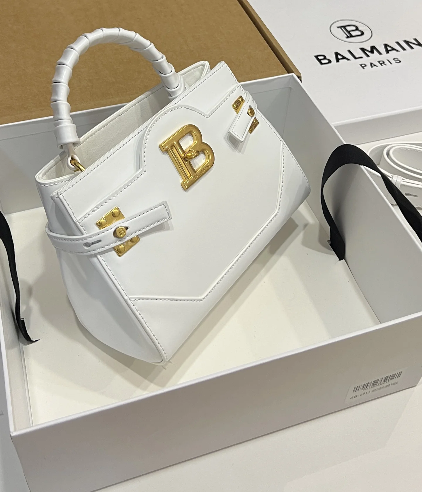 BALMAIN Top Handle Bags Calf Leather (White-Gold) 22X17X11CM H60202608100307 - Image 2