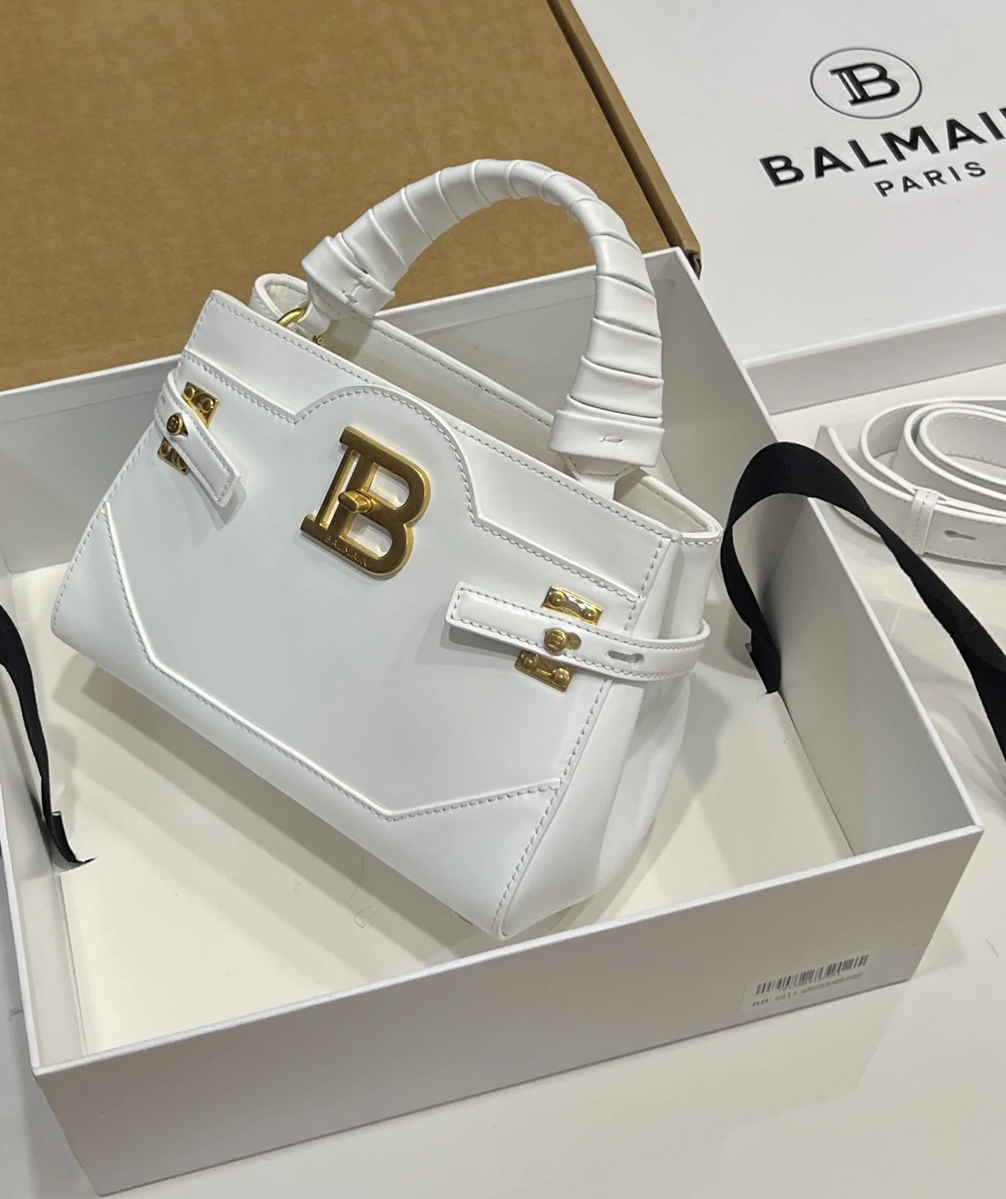 BALMAIN Top Handle Bags Calf Leather (White-Gold) 22X17X11CM H60202608100307 - Image 3