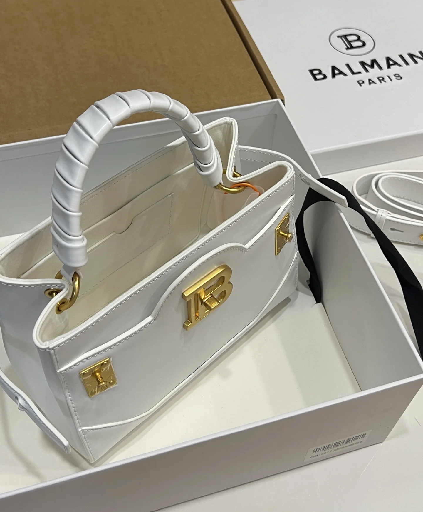 BALMAIN Top Handle Bags Calf Leather (White-Gold) 22X17X11CM H60202608100307 - Image 7