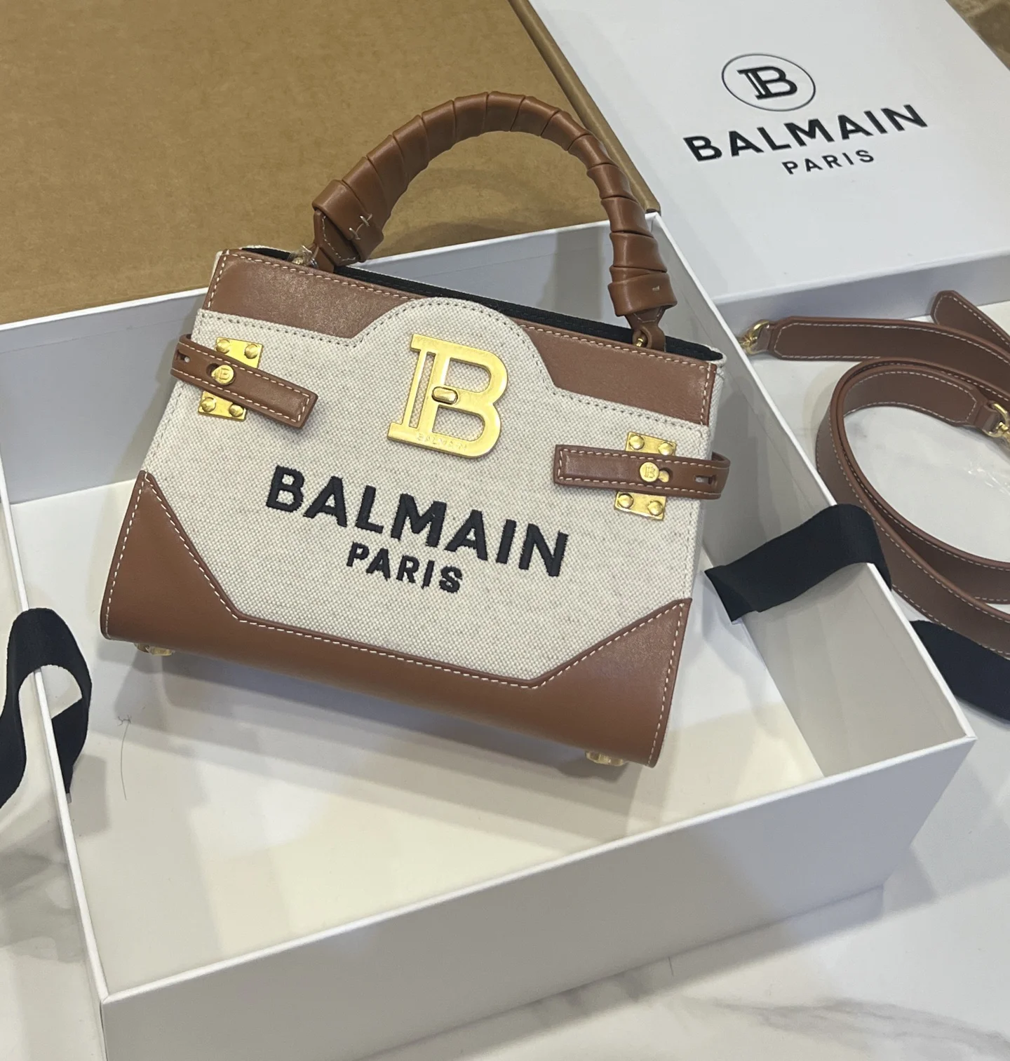 BALMAIN Top Handle Bags Canvas Leather (Brown-White) 22X17X11CM G90202608100301