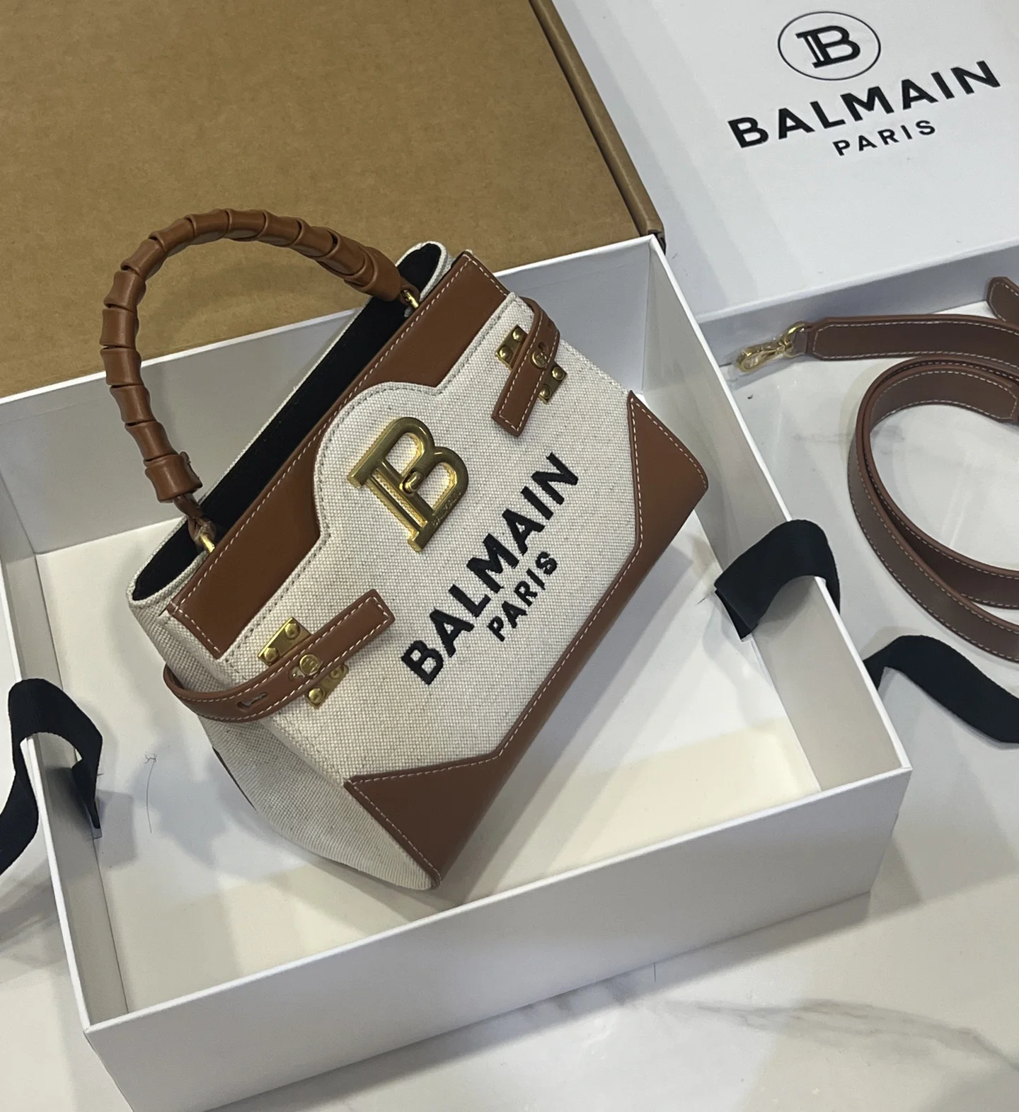 BALMAIN Top Handle Bags Canvas Leather (Brown-White) 22X17X11CM G90202608100301 - Image 2