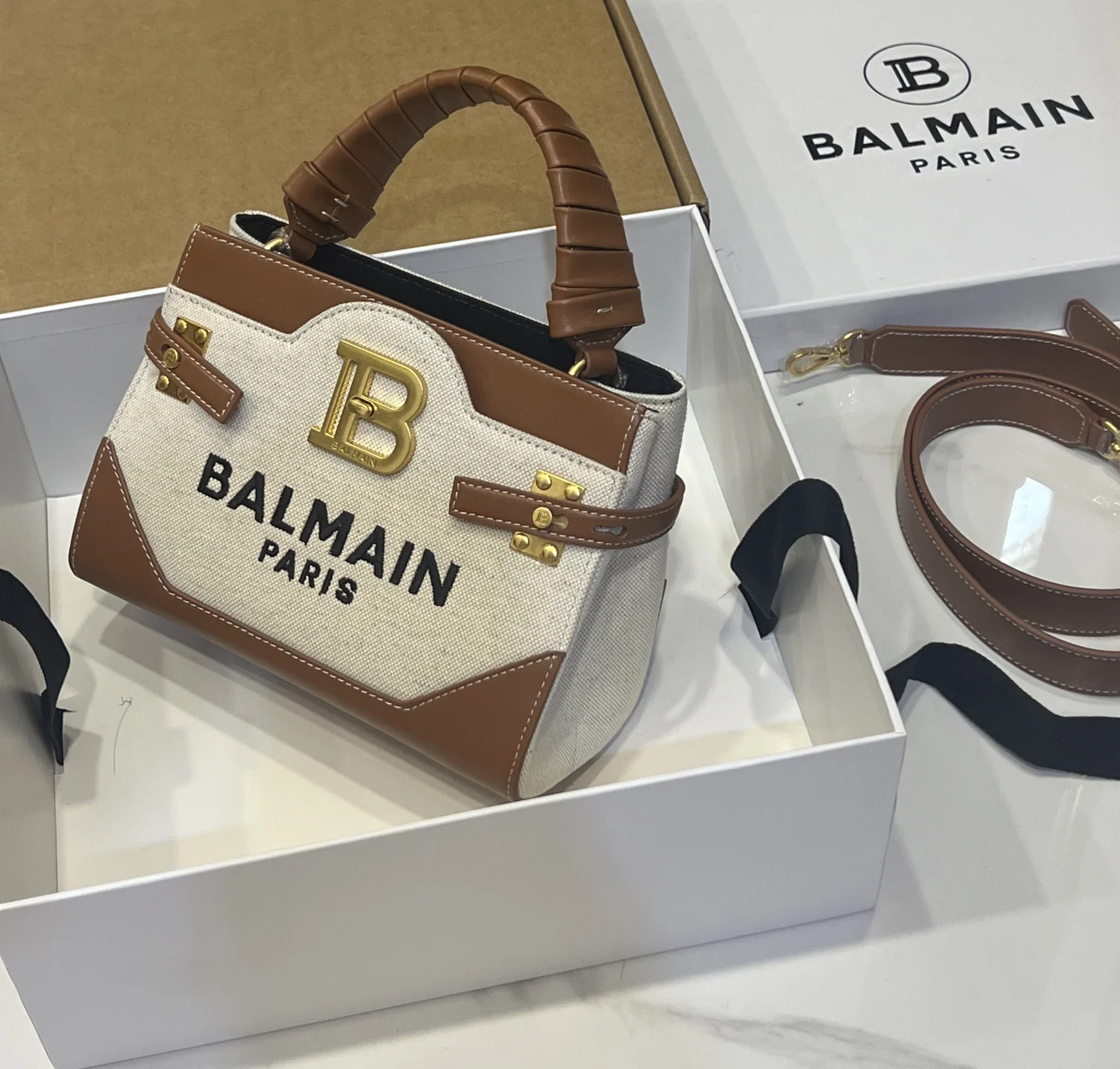 BALMAIN Top Handle Bags Canvas Leather (Brown-White) 22X17X11CM G90202608100301 - Image 3