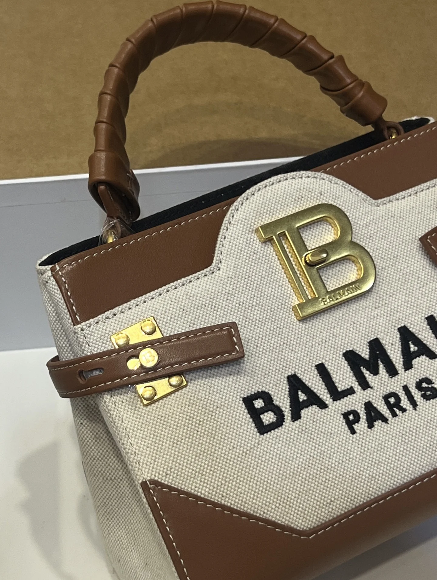 BALMAIN Top Handle Bags Canvas Leather (Brown-White) 22X17X11CM G90202608100301 - Image 4