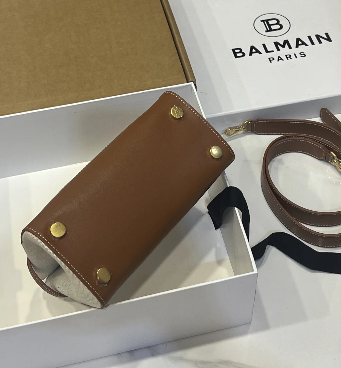 BALMAIN Top Handle Bags Canvas Leather (Brown-White) 22X17X11CM G90202608100301 - Image 5