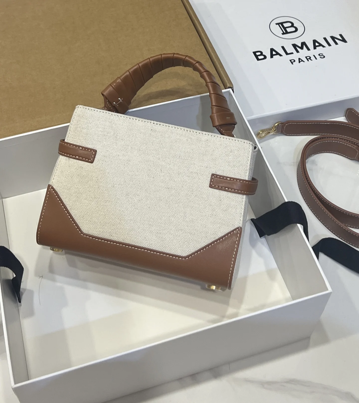 BALMAIN Top Handle Bags Canvas Leather (Brown-White) 22X17X11CM G90202608100301 - Image 8