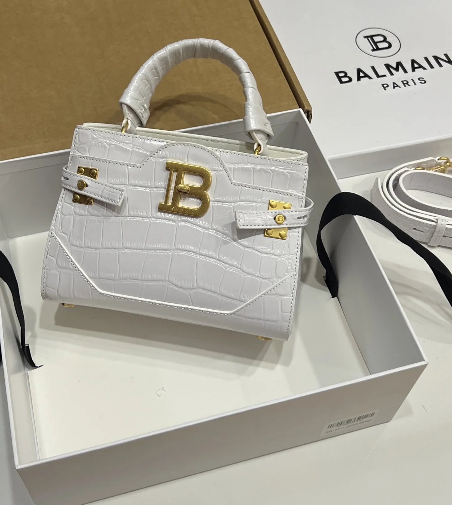 BALMAIN Top Handle Bags Embossed Calfskin (White-Gold) 22X17X11CM H60202608100303