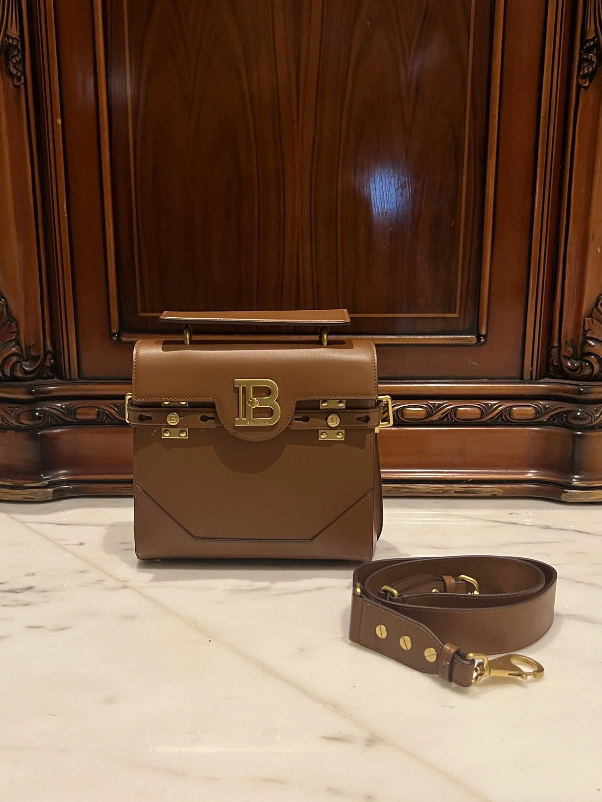 BALMAIN Top Handle Bags Leather (Brown-Gold) One Size I80202608100291