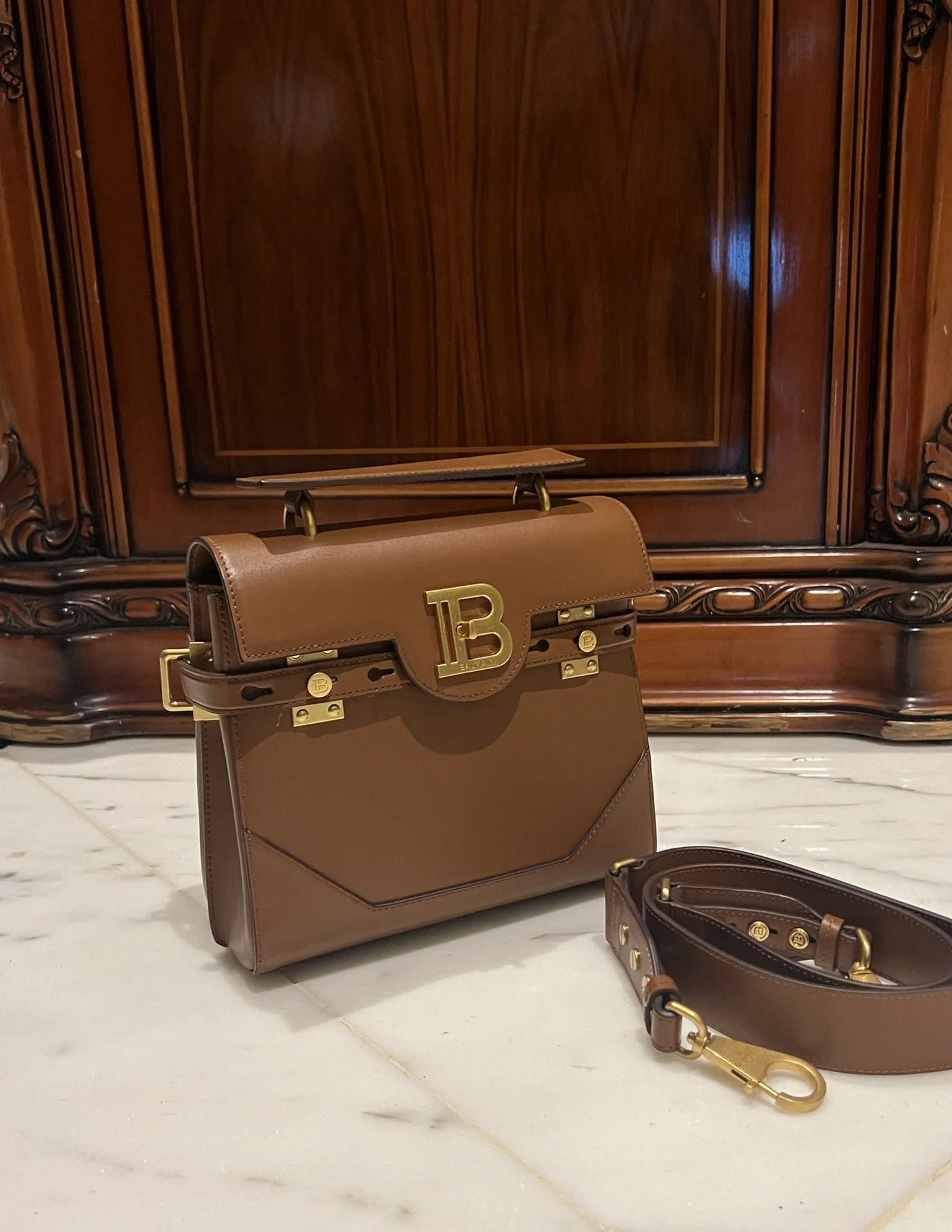 BALMAIN Top Handle Bags Leather (Brown-Gold) One Size I80202608100291 - Image 2