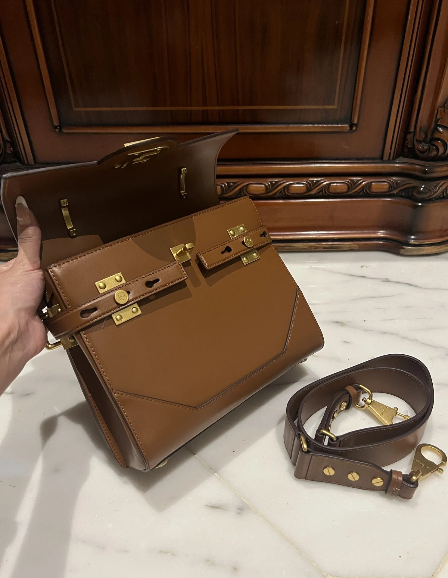 BALMAIN Top Handle Bags Leather (Brown-Gold) One Size I80202608100291 - Image 7