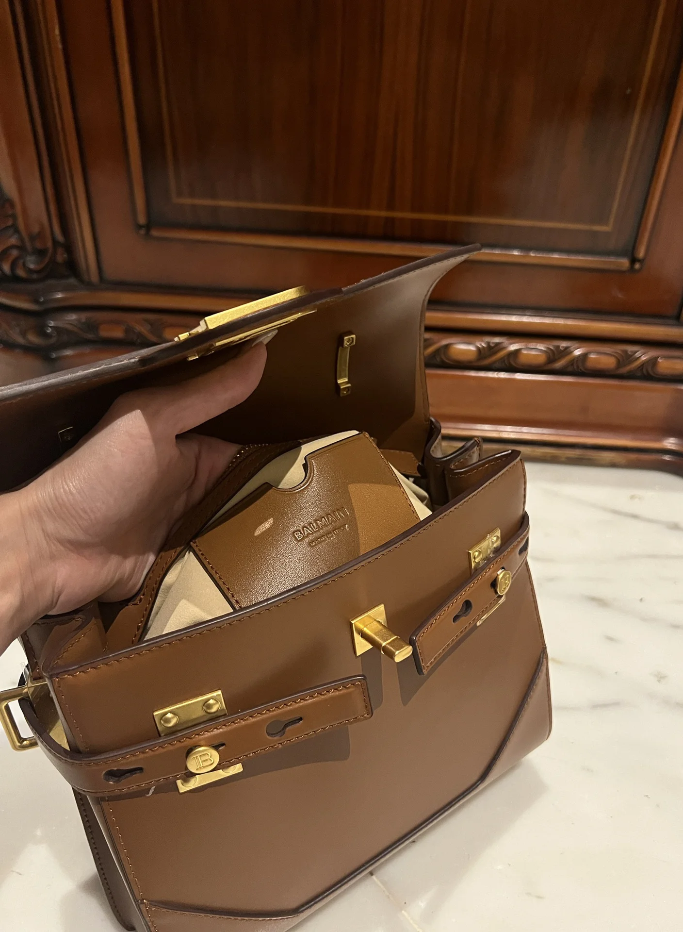 BALMAIN Top Handle Bags Leather (Brown-Gold) One Size I80202608100291 - Image 9