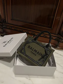 BALMAIN Totes Bags Canvas Leather (Green-Black) 26X18X11CM F00202608100308